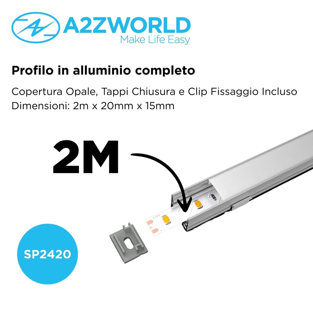 Kit Profilo Alluminio Completo Da 2 Metri Per Striscia Led, Larga e Alta, Dimensione 20*15mm, Larghezza Interna 17mm, 174g/m, Copertura Opale, Tappi Chiusura e Clip Fissaggio Incluso