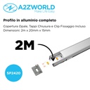 Kit Profilo Alluminio Completo Da 2 Metri Per Striscia Led, Larga e Alta, Dimensione 20*15mm, Larghezza Interna 17mm, 174g/m, Copertura Opale, Tappi Chiusura e Clip Fissaggio Incluso