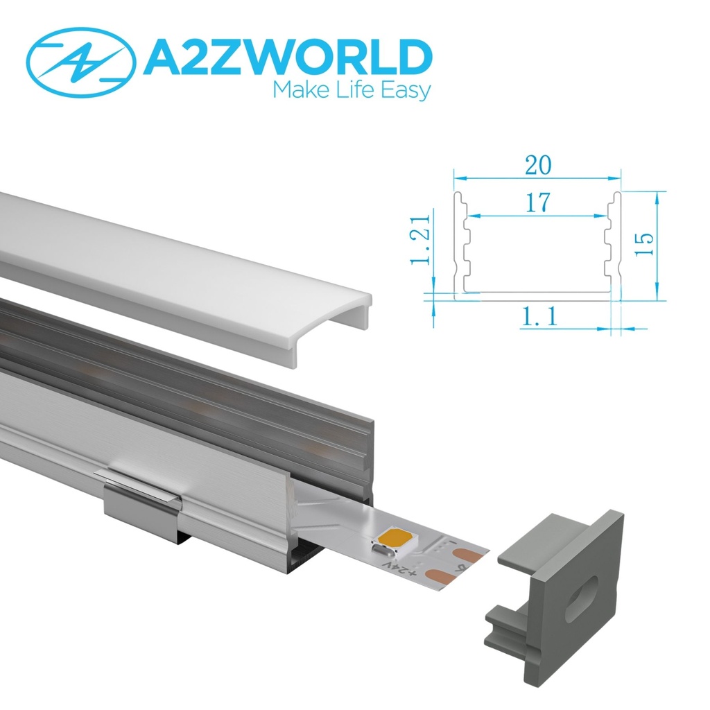 Kit Profilo Alluminio Completo Da 2 Metri Per Striscia Led, Larga e Alta, Dimensione 20*15mm, Larghezza Interna 17mm, 174g/m, Copertura Opale, Tappi Chiusura e Clip Fissaggio Incluso