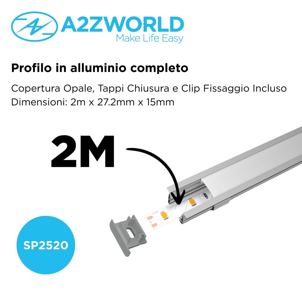 Kit Profilo Alluminio Completo Da 2 Metri Per Striscia Led, Larga e Alta da Incasso, Dimensione 27.2*15mm, Larghezza Interna 17mm, 193g/m, Copertura Opale, Tappi Chiusura e Clip Fissaggio Incluso
