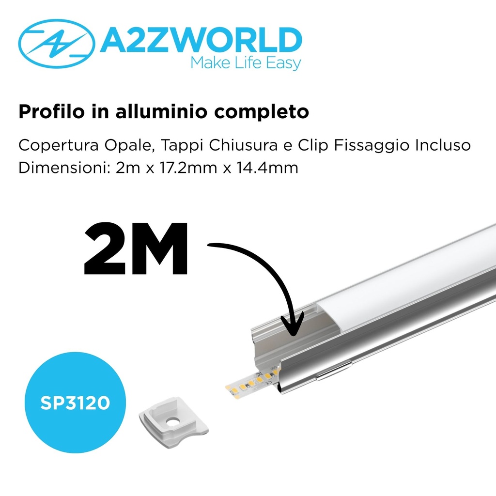Kit Profilo Alluminio Completo Da 2 Metri Per Striscia Led, Alta Profonda, Dimensione 17.2*14.4mm, Larghezza Interna 12mm, 128g/m, Copertura Opale, Tappi Chiusura e Clip Fissaggio Incluso, BAV3354,BA1715