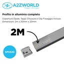 Kit Profilo Alluminio Completo Da 2 Metri Per Striscia Led, Larga Alta, Dimensione 20*20mm, Larghezza Interna 16mm, 211g/m, Copertura Opale, Tappi Chiusura e Clip Fissaggio Incluso