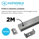 Kit Profilo Alluminio Completo Da 2 Metri Per Striscia Led, Alta, Dimensione 19.3*13mm, Larghezza Interna 15mm, 135g/m, Copertura Opale, Tappi Chiusura e Clip Fissaggio Incluso