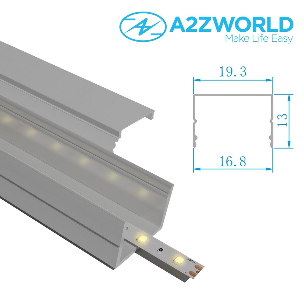 Kit Profilo Alluminio Completo Da 2 Metri Per Striscia Led, Alta, Dimensione 19.3*13mm, Larghezza Interna 15mm, 135g/m, Copertura Opale, Tappi Chiusura e Clip Fissaggio Incluso