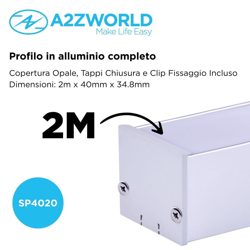 Kit Profilo Alluminio Completo Da 2 Metri Per Striscia Led, Super Larga e Alta, Dimensione 40*34.8mm, Larghezza Interna 34mm, 412g/m, Copertura Opale, Tappi Chiusura e Clip Fissaggio Incluso