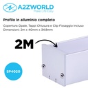 Kit Profilo Alluminio Completo Da 2 Metri Per Striscia Led, Super Larga e Alta, Dimensione 40*34.8mm, Larghezza Interna 34mm, 412g/m, Copertura Opale, Tappi Chiusura e Clip Fissaggio Incluso