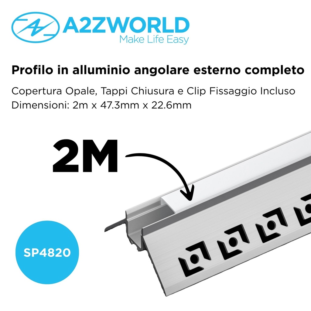 Kit Profilo Alluminio Completo Da 2 Metri Per Striscia Led, Angolare Esterno Da Incasso Con Alette Scomparsa, Dimensione 47.3*22.6mm, Larghezza Interna 10mm, 242g/m, Copertura Opale, Tappi Chiusura e Clip Fissaggio Incluso,BAV3361