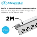 Kit Profilo Alluminio Completo Da 2 Metri Per Striscia Led, Angolare Esterno Da Incasso Con Alette Scomparsa, Dimensione 47.3*22.6mm, Larghezza Interna 10mm, 242g/m, Copertura Opale, Tappi Chiusura e Clip Fissaggio Incluso,BAV3361