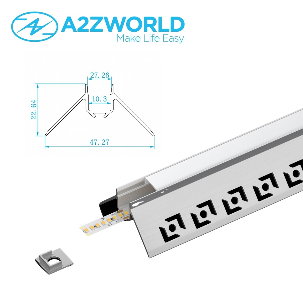 Kit Profilo Alluminio Completo Da 2 Metri Per Striscia Led, Angolare Esterno Da Incasso Con Alette Scomparsa, Dimensione 47.3*22.6mm, Larghezza Interna 10mm, 242g/m, Copertura Opale, Tappi Chiusura e Clip Fissaggio Incluso,BAV3361