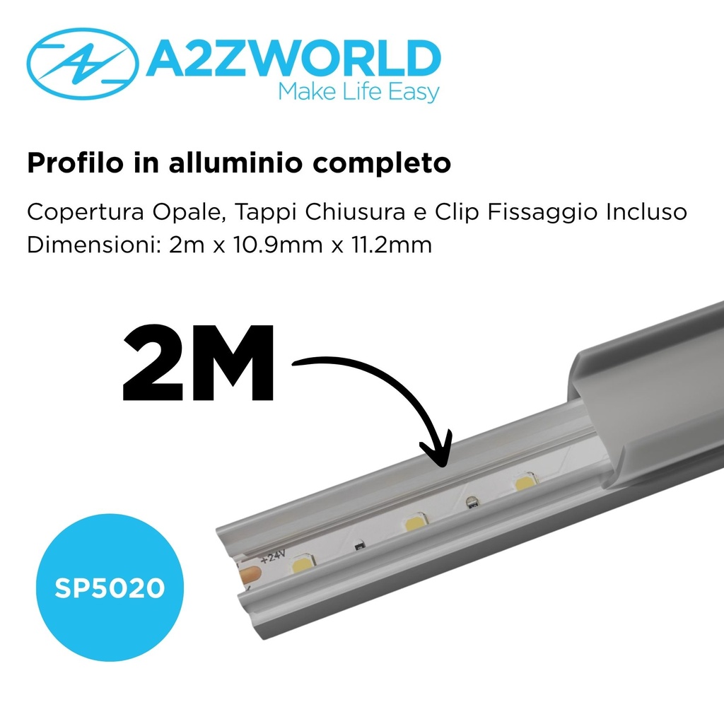 Kit Profilo Alluminio Completo Da 2 Metri Per Striscia Led, Slim, Dimensione 10.9*11.2mm, Larghezza Interna 5mm, 95g/m, Copertura Opale, Tappi Chiusura e Clip Fissaggio Incluso