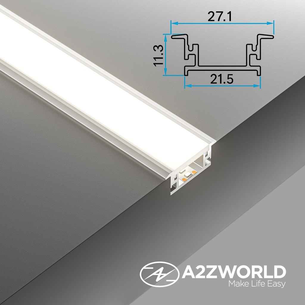 Kit Profilo Alluminio Completo Da 2 Metri Per Striscia Led, Larga Da Incasso, Dimensione 27.1*11.3mm, Larghezza Interna 12mm, 224g/m, Copertura Opale, Tappi Chiusura e Clip Fissaggio Incluso