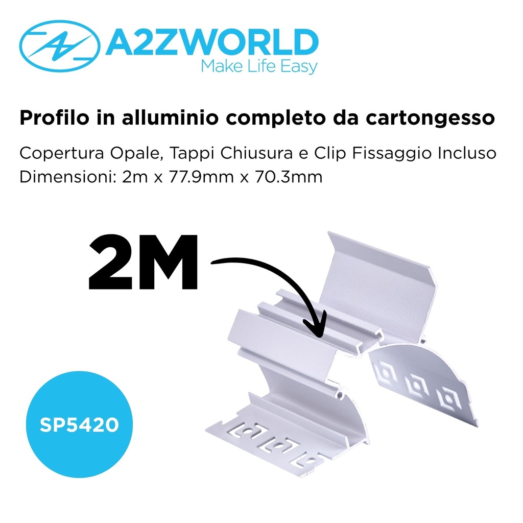 Kit Profilo Alluminio Completo Da 2 Metri Per Striscia Led, Da Cartongesso Illuminazione Indiritta, Dimensione 77.9*70.3mm, Larghezza Interna 10.5mm, 675g/m, Copertura Opale, Tappi Chiusura e Clip Fissaggio Incluso