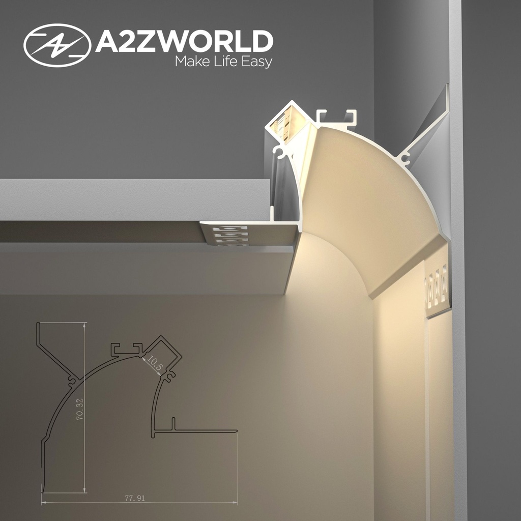 Kit Profilo Alluminio Completo Da 2 Metri Per Striscia Led, Da Cartongesso Illuminazione Indiritta, Dimensione 77.9*70.3mm, Larghezza Interna 10.5mm, 675g/m, Copertura Opale, Tappi Chiusura e Clip Fissaggio Incluso