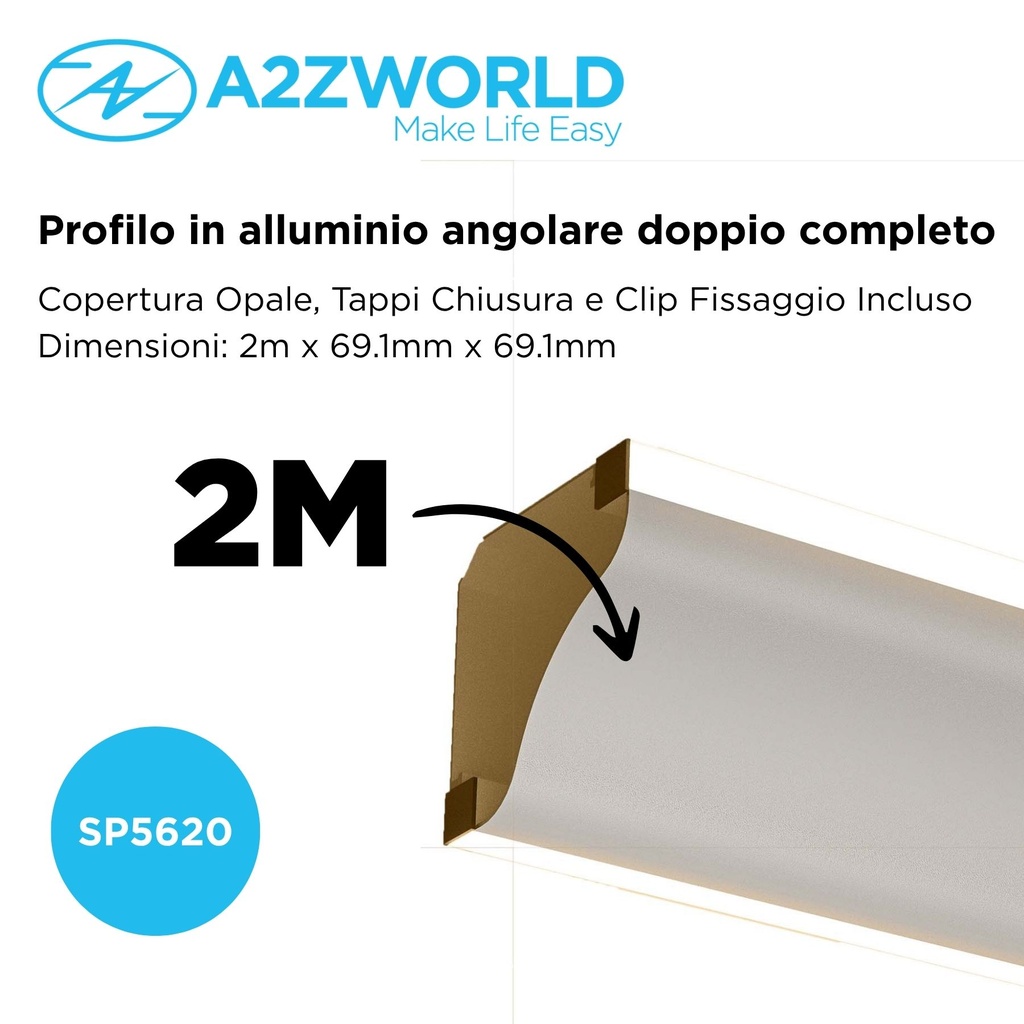 Kit Profilo Alluminio Completo Da 2 Metri Per Striscia Led, Angolare Doppio Illuminazione (2 Pezzi), Dimensione 69.1*69.1mm, Larghezza Interna 9.6mm, 832g/m, Copertura Opale, Tappi Chiusura e Clip Fissaggio Incluso