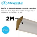 Kit Profilo Alluminio Completo Da 2 Metri Per Striscia Led, Angolare Doppio Illuminazione (2 Pezzi), Dimensione 69.1*69.1mm, Larghezza Interna 9.6mm, 832g/m, Copertura Opale, Tappi Chiusura e Clip Fissaggio Incluso