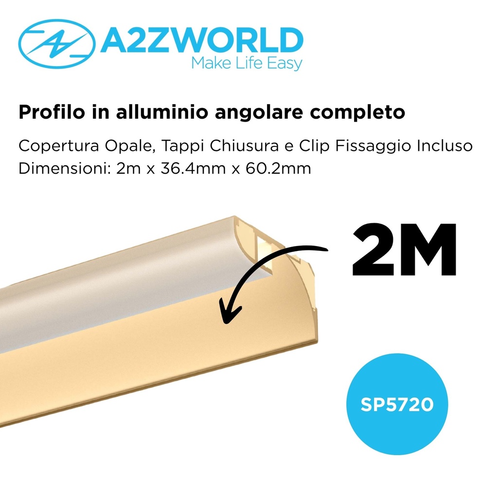 Kit Profilo Alluminio Completo Da 2 Metri Per Striscia Led, Angolare Per Battiscopa e Soffitto (2 Pezzi), Dimensione 36.4*60.2mm, Larghezza Interna 9.6mm, 676g/m, Copertura Opale, Tappi Chiusura e Clip Fissaggio Incluso, BAV23180