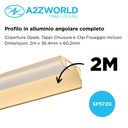 Kit Profilo Alluminio Completo Da 2 Metri Per Striscia Led, Angolare Per Battiscopa e Soffitto (2 Pezzi), Dimensione 36.4*60.2mm, Larghezza Interna 9.6mm, 676g/m, Copertura Opale, Tappi Chiusura e Clip Fissaggio Incluso, BAV23180