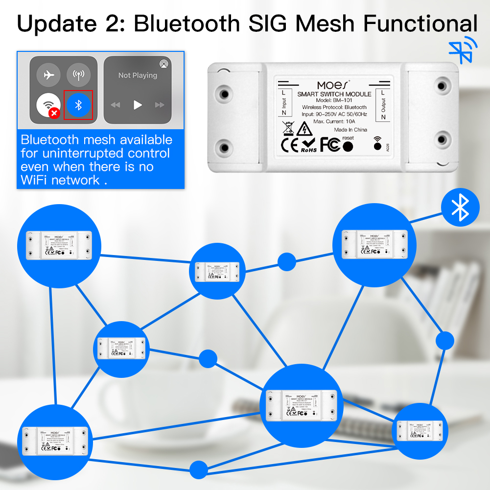 MeanWell Interruttore Smart Bluetooth BLE 10A Bluetooth BLE Mesh TUYA, Smart Life 10A AC 90-250V 50/60HZ 2200W IP20