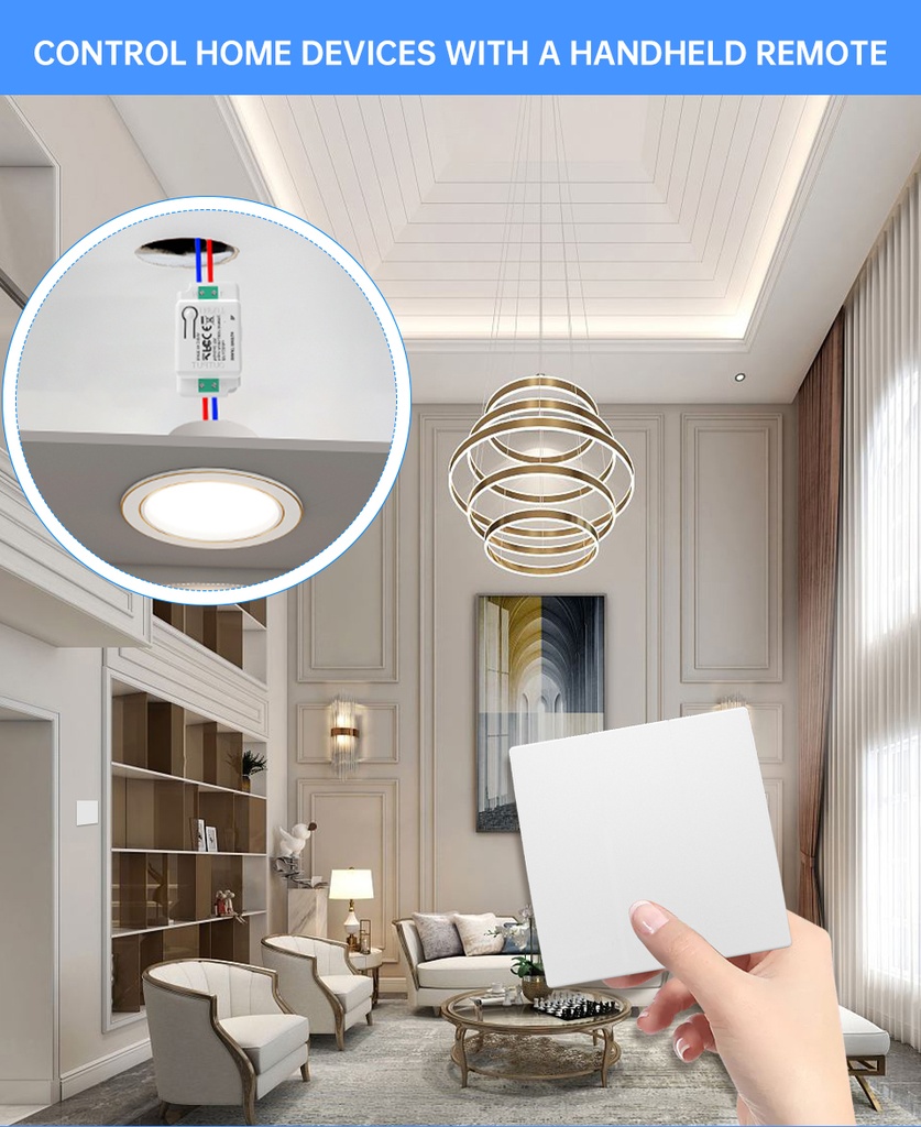 MeanWell Interruttore RF Wireless Telecomando Senza Batteria 2 Tasti RF 433MHz Generatore Corrente Automatico 2 Tasti Quadrato Per Scatola 502 IP20 Bianco