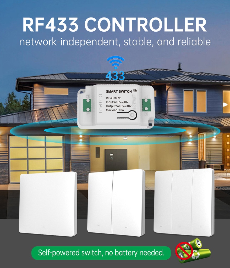 MeanWell Centralina Ricevitore Wireless Installazione Interruttore Senza Cavi 10A RF 433MHz AC 85V-240V IP20 Bianco