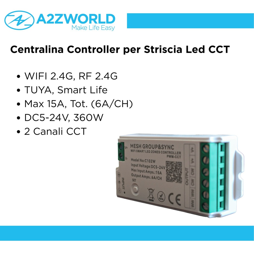 Centralina Controller Per Striscia Led CCT WIFI 2.4G, RF 2.4G TUYA, Smart Life Max 15A Tot. (6A/CH) DC5-24V 360W 2 Canali CCT CLC102R Bianco
