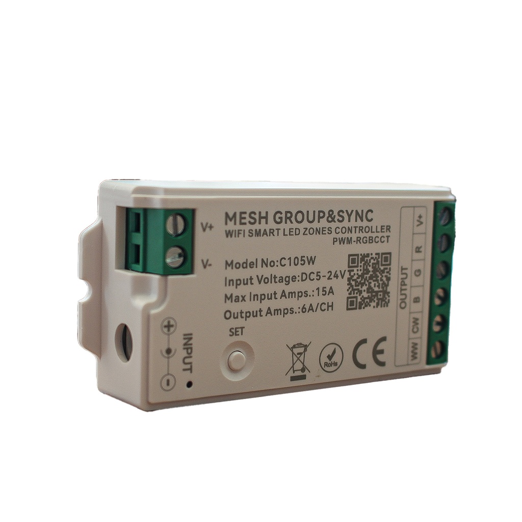 Centralina Controller Per Striscia Led RGBCCT WIFI 2.4G, RF 2.4G TUYA, Smart Life Max 15A Tot. (6A/CH) DC5-24V 360W 5 Canali RGBCCT CLC105R Bianco