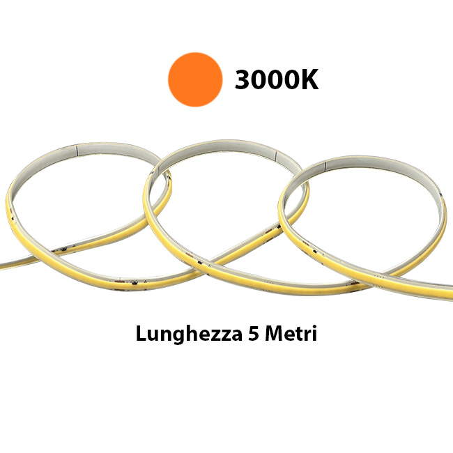 24V Striscia Led COB IP65 11W/M Bianco Caldo 3000K Da 5 Metri 480LED/M 743LM/M CRI≥90 W8*H4.5mm 180° 