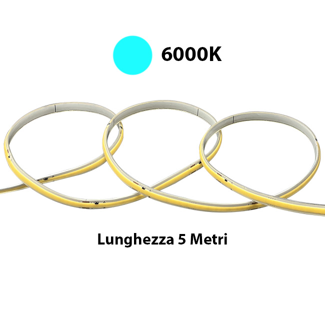 24V Striscia Led COB IP65 11W/M Bianco Freddo 6000K Da 5 Metri 480LED/M 841LM/M CRI≥90 W8*H4.5mm 180° 