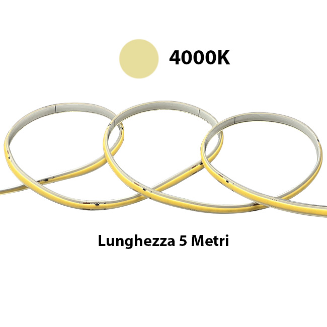 24V Striscia Led COB IP65 11W/M Bianco Neutro 4000K Da 5 Metri 480LED/M 806LM/M CRI≥90 W8*H4.5mm 180° 
