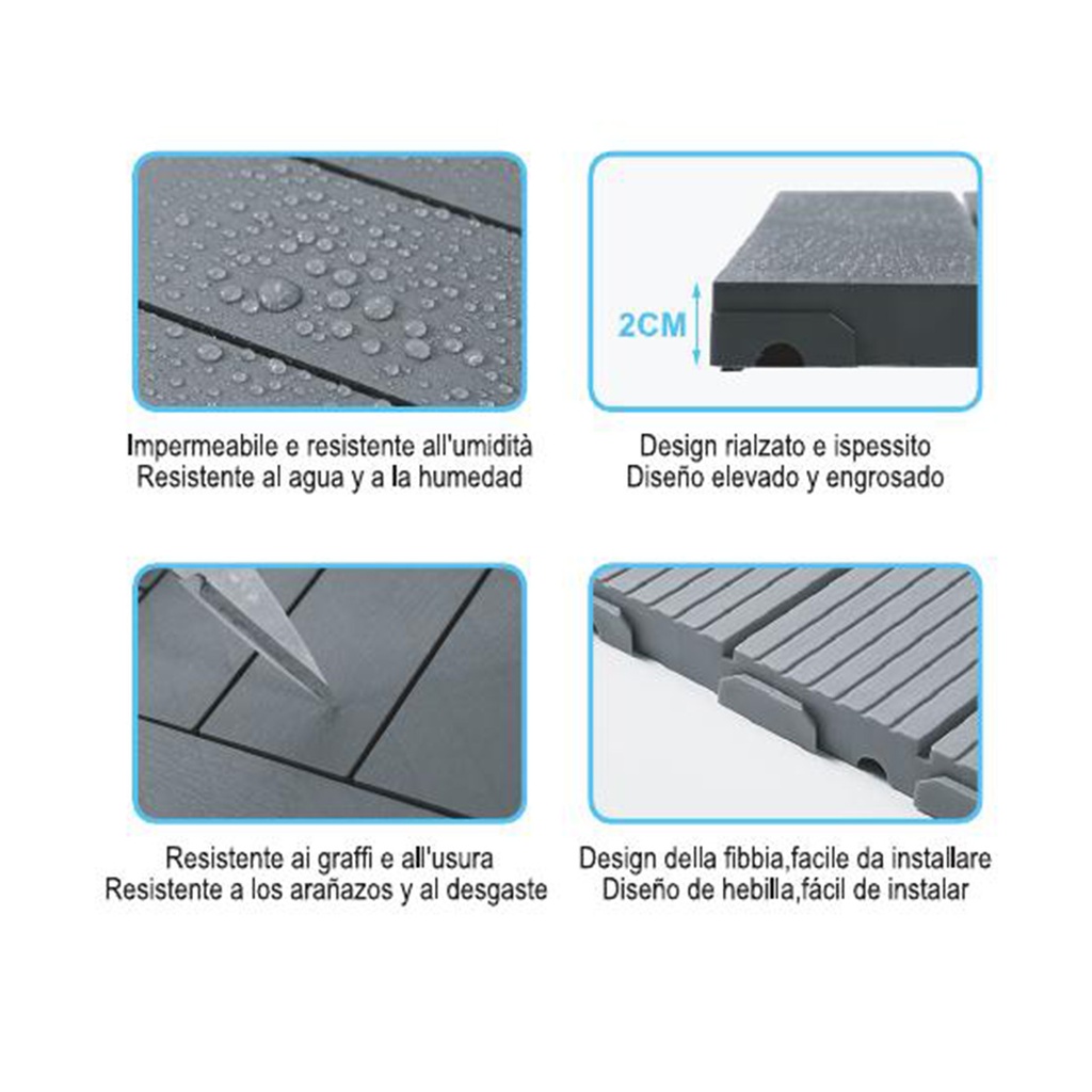 10 Pezzi Piastrelle Plastica da Giardino, 30X30X2cm, Pavimento Esterno In WPC, Colore Grigio, Totale 0.9 m²