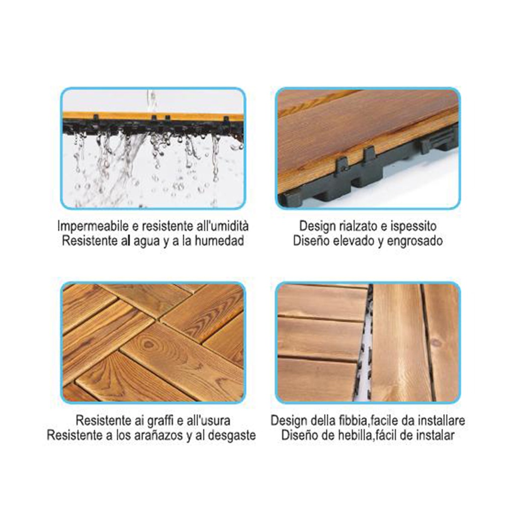10 Pezzi Piastrelle Plastica da Giardino, 30X30X2.3cm, Pavimento Esterno In Legno Carbonizzato, Colore Legno Scuro Da 12 Listelli, Totale 0.9 m²
