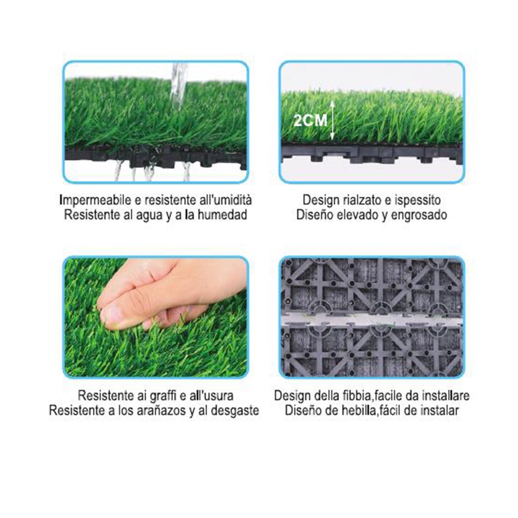 10 Pezzi Piastrelle Plastica da Giardino, 30X30X2.3cm, Pavimento Esterno In Prato Artificiale, Colore Verde Erba, Totale 0.9 m²