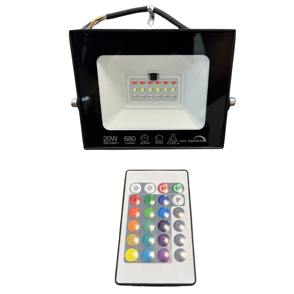 Faro Led Flood Slim RGB Con Telecomando 20W 680 Lumen RGB  AC 220V 50Hz Nero IP65