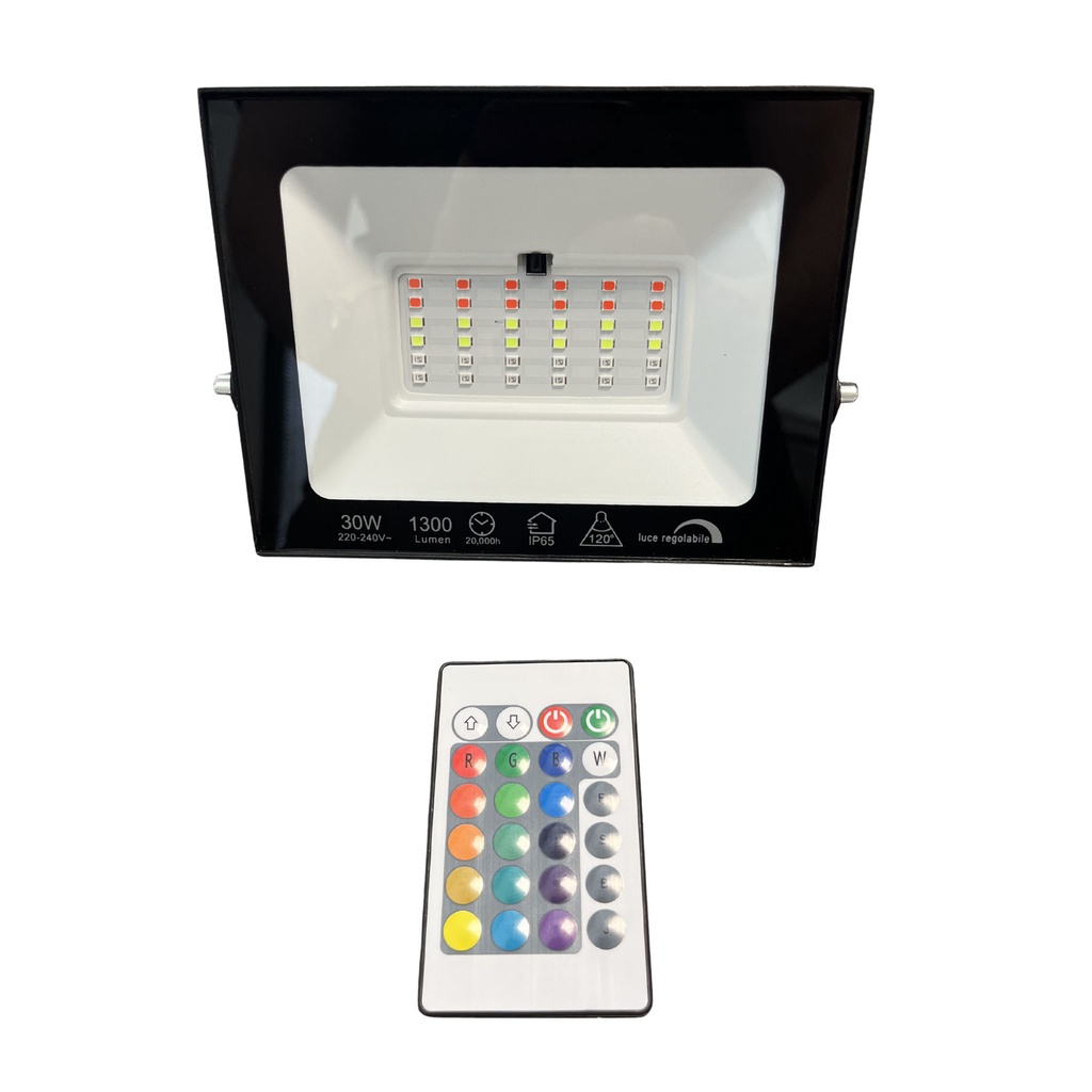 Faro Led Flood Slim RGB Con Telecomando 30W 1300 Lumen RGB  AC 220V 50Hz Nero IP65
