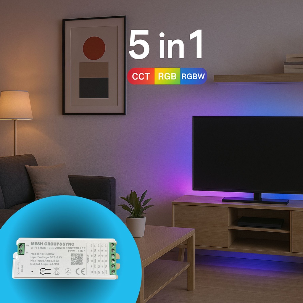 Centralina Controller 5 In 1 WIFI, RF 2.4G TUYA, Smart Life, Max 15A Tot. (6A/CH) DC5-24V 360W, Per Striscia Led Mono Colore, CCT, RGB, RGBW, RGBCCT