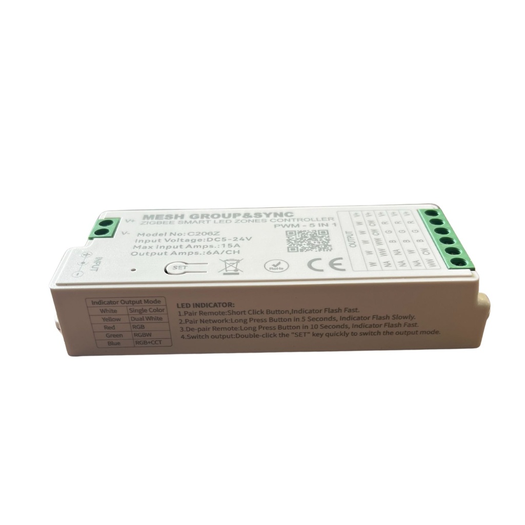 Centralina Controller 5 In 1 ZigBee, RF 2.4G TUYA, Smart Life, Max 15A Tot. (6A/CH) DC5-24V 360W, Per Striscia Led Mono Colore, CCT, RGB, RGBW, RGBCCT