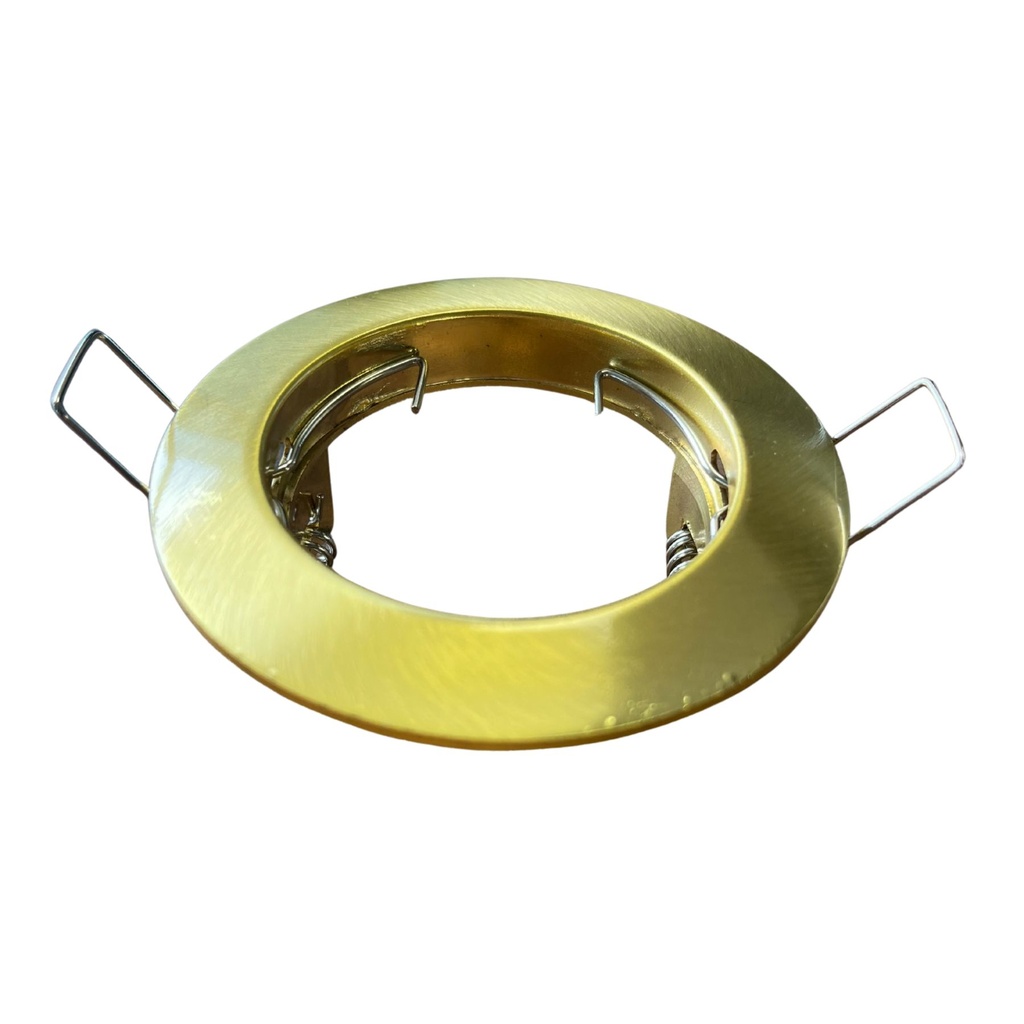 Porta Faretto Led Colore Oro Satinato Rotondo, Foro 60mm, 76X32mm, Per Led GU10 MR16, Modello Fisso Con Molla