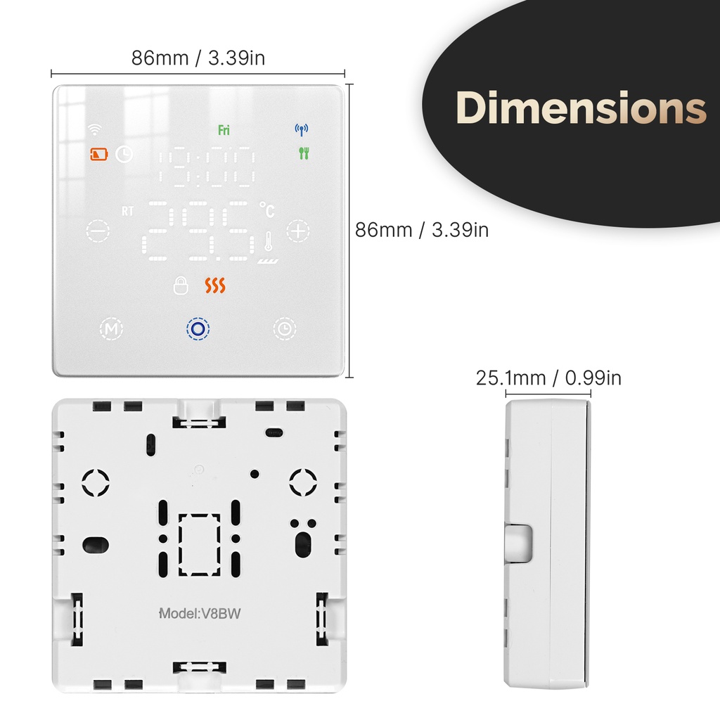 Termostato WIFI Con Batteria Bianco, Per Caldaia a Gas Boiler, APP TUYA Smart Life, Quadrata Montaggio da Esterno Oppure Incasso Scatola 502