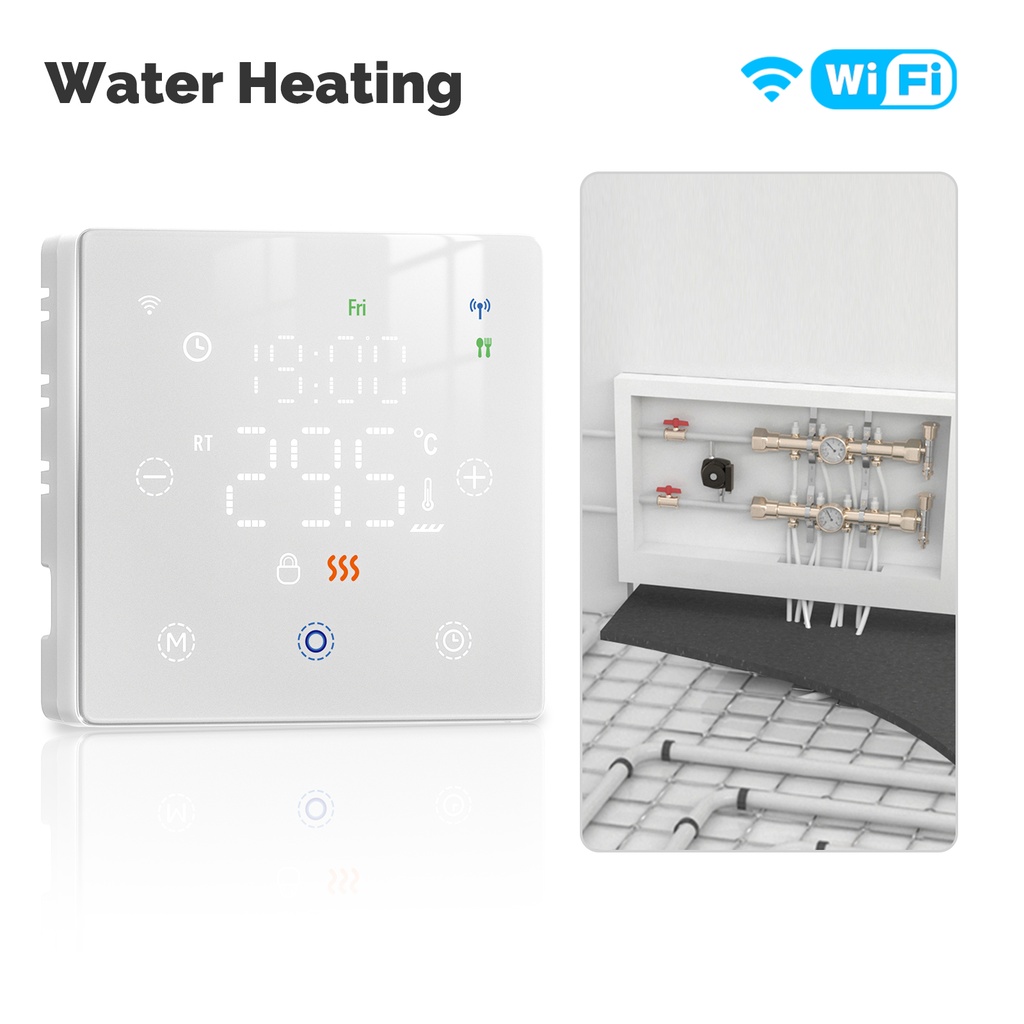 Termostato WIFI Con Batteria Bianco, Per Caldaia a Gas Boiler, APP TUYA Smart Life, Quadrata Montaggio da Esterno Oppure Incasso Scatola 502
