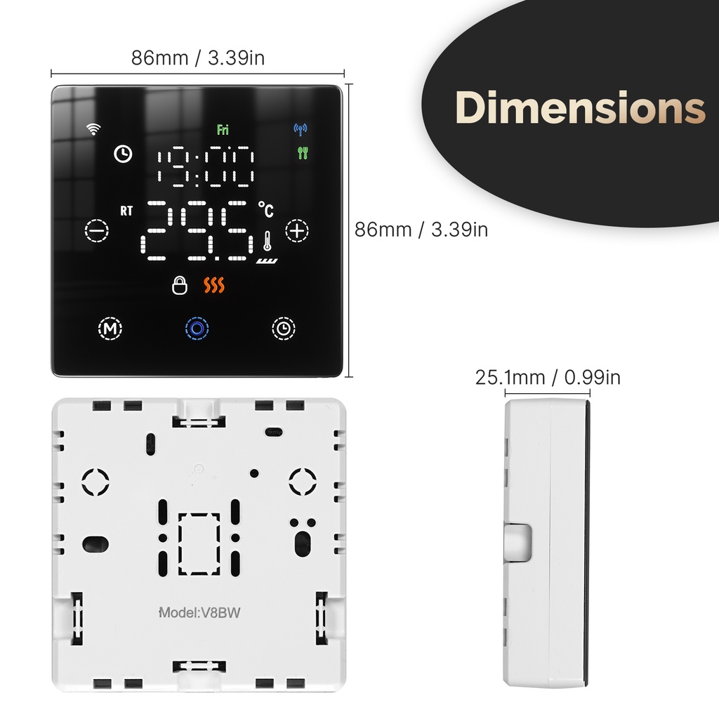 Termostato WIFI Con Batteria Nero, Per Caldaia a Gas Boiler, APP TUYA Smart Life, Quadrata Montaggio da Esterno Oppure Incasso Scatola 502