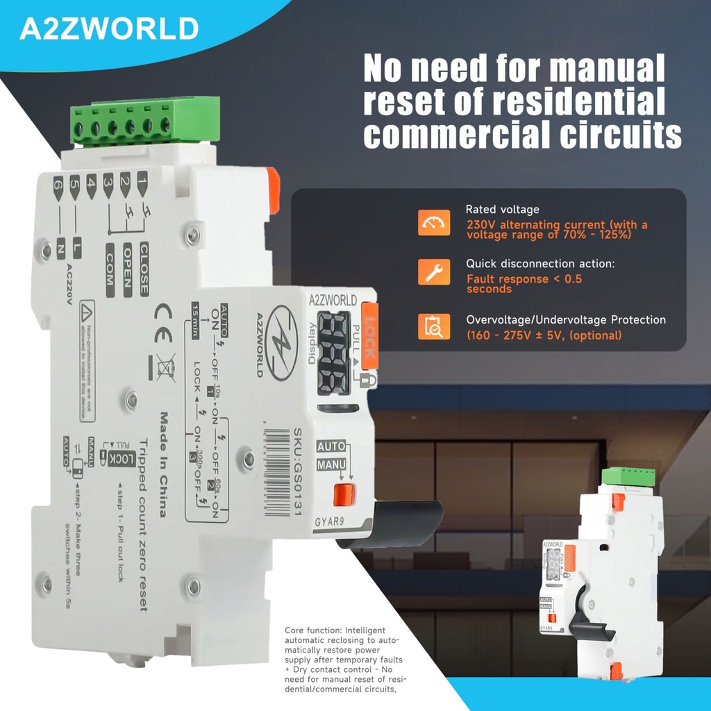 Modulo di Riarmo Automatico per Differenziale e Magnetotermico Differenziale, 220V, 1 Modulo DIN, 3 Tentativi (10s/60s/300s), Contatti Puliti NO per Comando Remoto, Compatibile con Serie GYR10/PL8HM/PL8M2/PR8NM/PB8H/PN8H