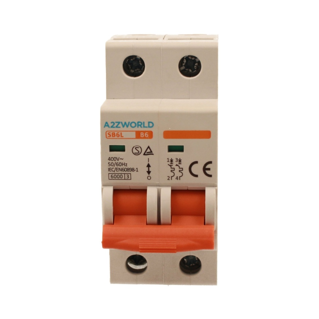 A2ZWORLD MCB Interruttore Magnetotermico Automatico Curva B 2P 2M 6000A B6A AC 400V IP20 IEC60898-1 SB6L