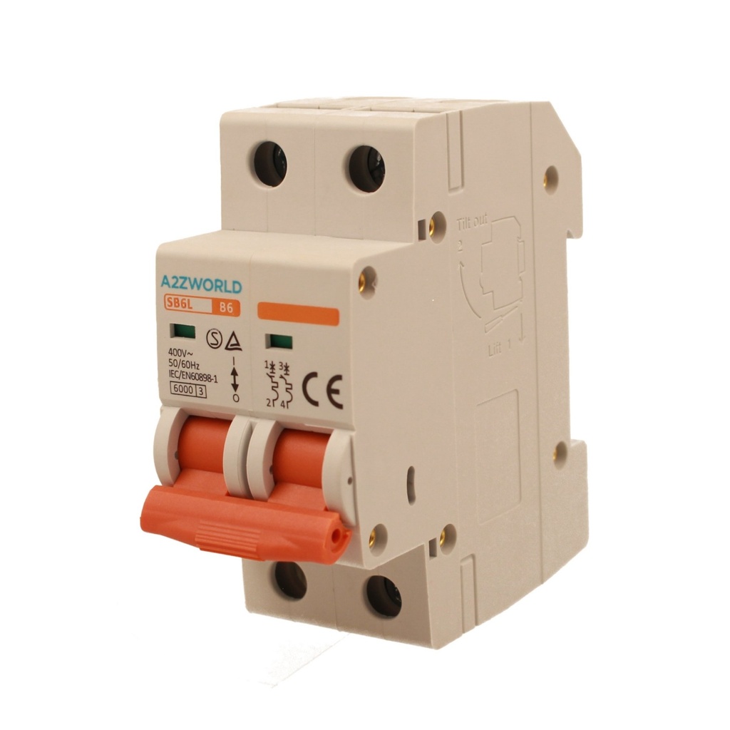 A2ZWORLD MCB Interruttore Magnetotermico Automatico Curva B 2P 2M 6000A B6A AC 400V IP20 IEC60898-1 SB6L