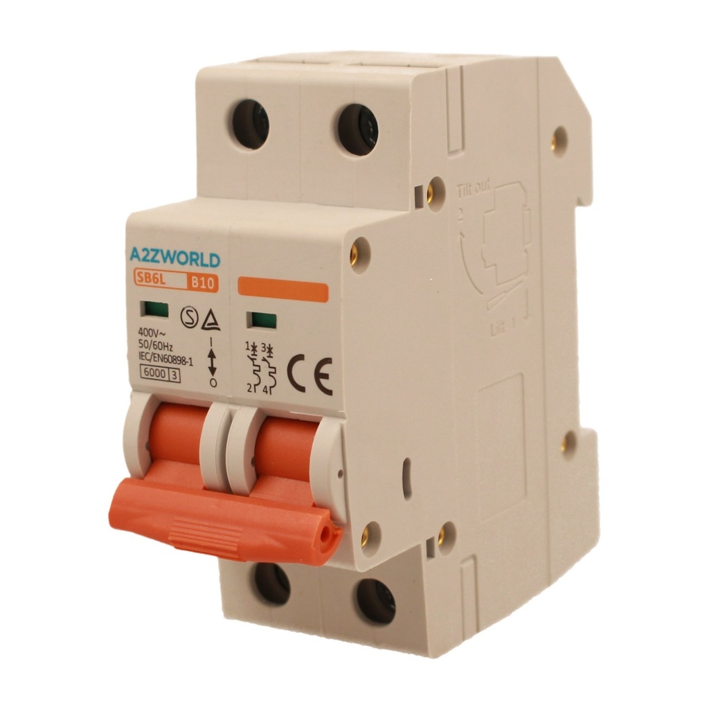 A2ZWORLD MCB Interruttore Magnetotermico Automatico Curva B 2P 2M 6000A B10A AC 400V IP20 IEC60898-1 SB6L