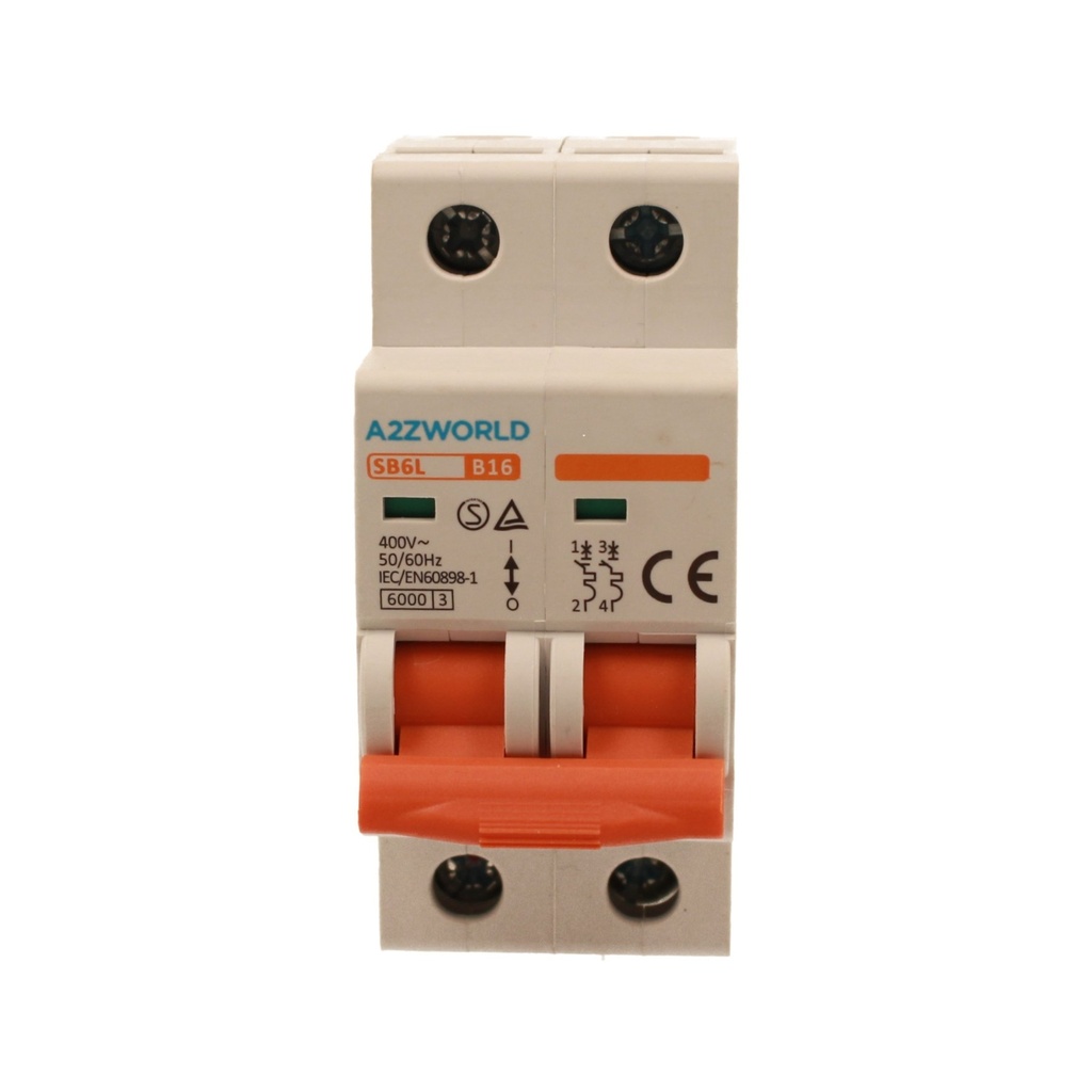 A2ZWORLD MCB Interruttore Magnetotermico Automatico Curva B 2P 2M 6000A B16A AC 400V IP20 IEC60898-1 SB6L