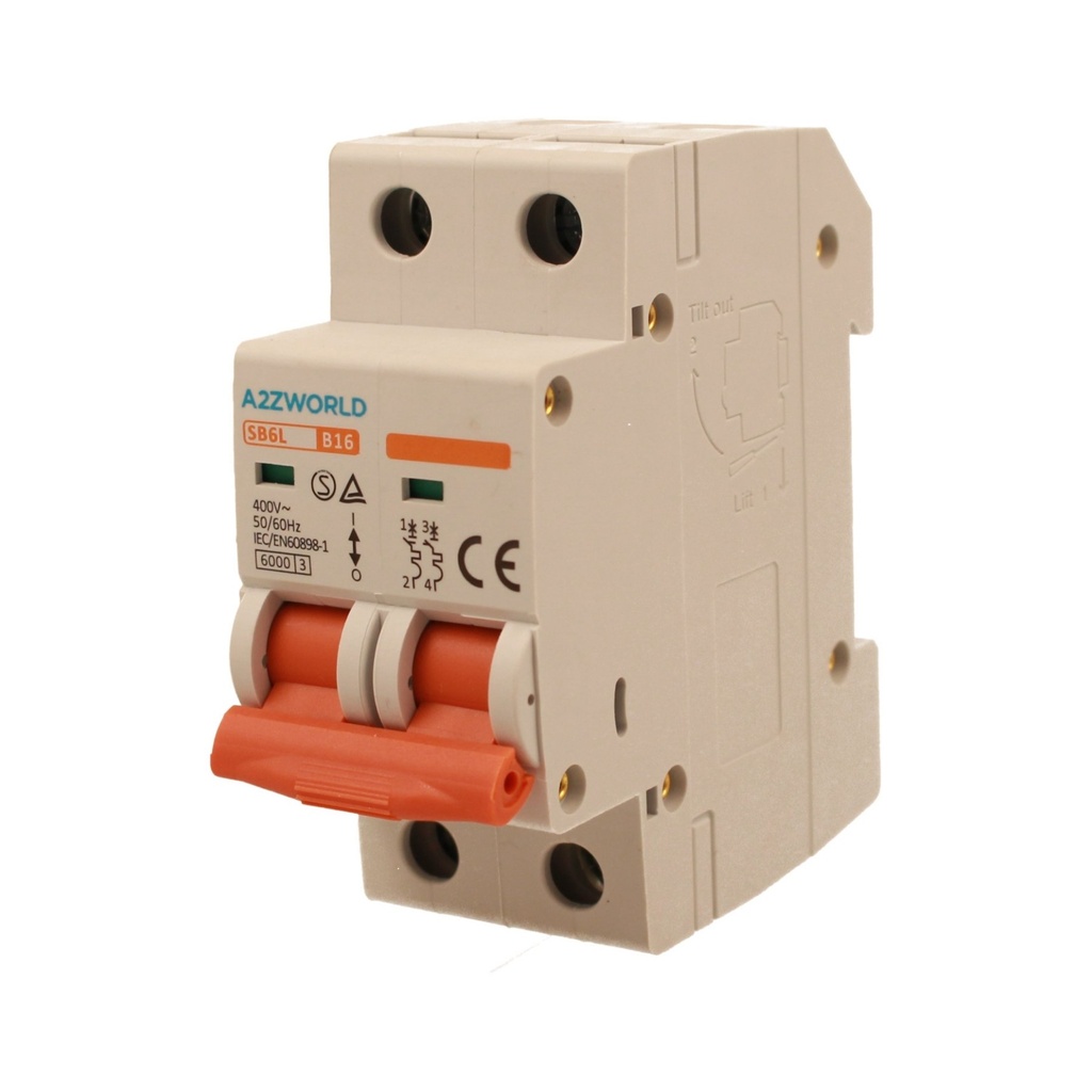 A2ZWORLD MCB Interruttore Magnetotermico Automatico Curva B 2P 2M 6000A B16A AC 400V IP20 IEC60898-1 SB6L