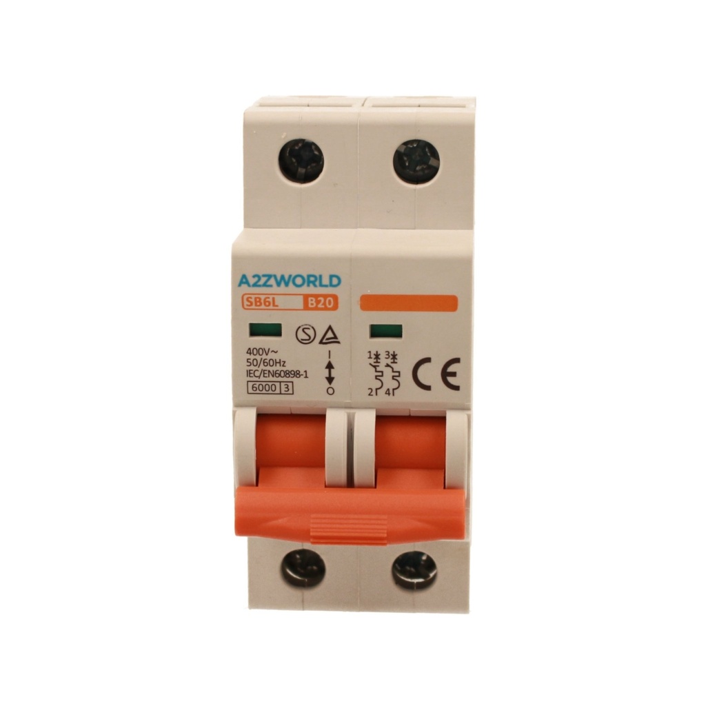 A2ZWORLD MCB Interruttore Magnetotermico Automatico Curva B 2P 2M 6000A B20A AC 400V IP20 IEC60898-1 SB6L