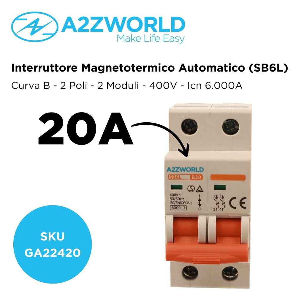 MCB Interruttore Magnetotermico Automatico Curva B 2P 2M 6000A B20A AC 400V IP20 IEC60898-1 SB6L