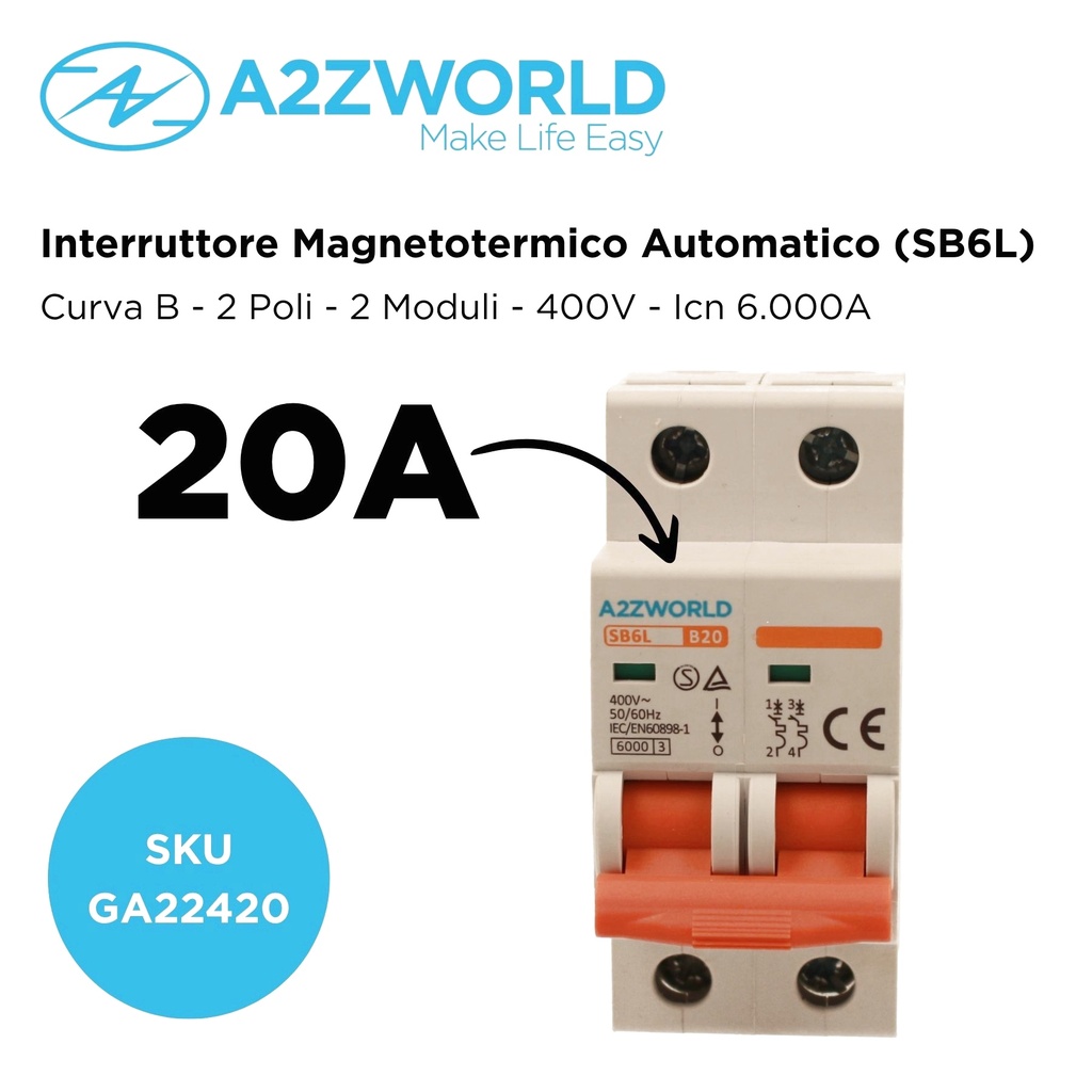 MCB Interruttore Magnetotermico Automatico Curva B 2P 2M 6000A B20A AC 400V IP20 SB6L