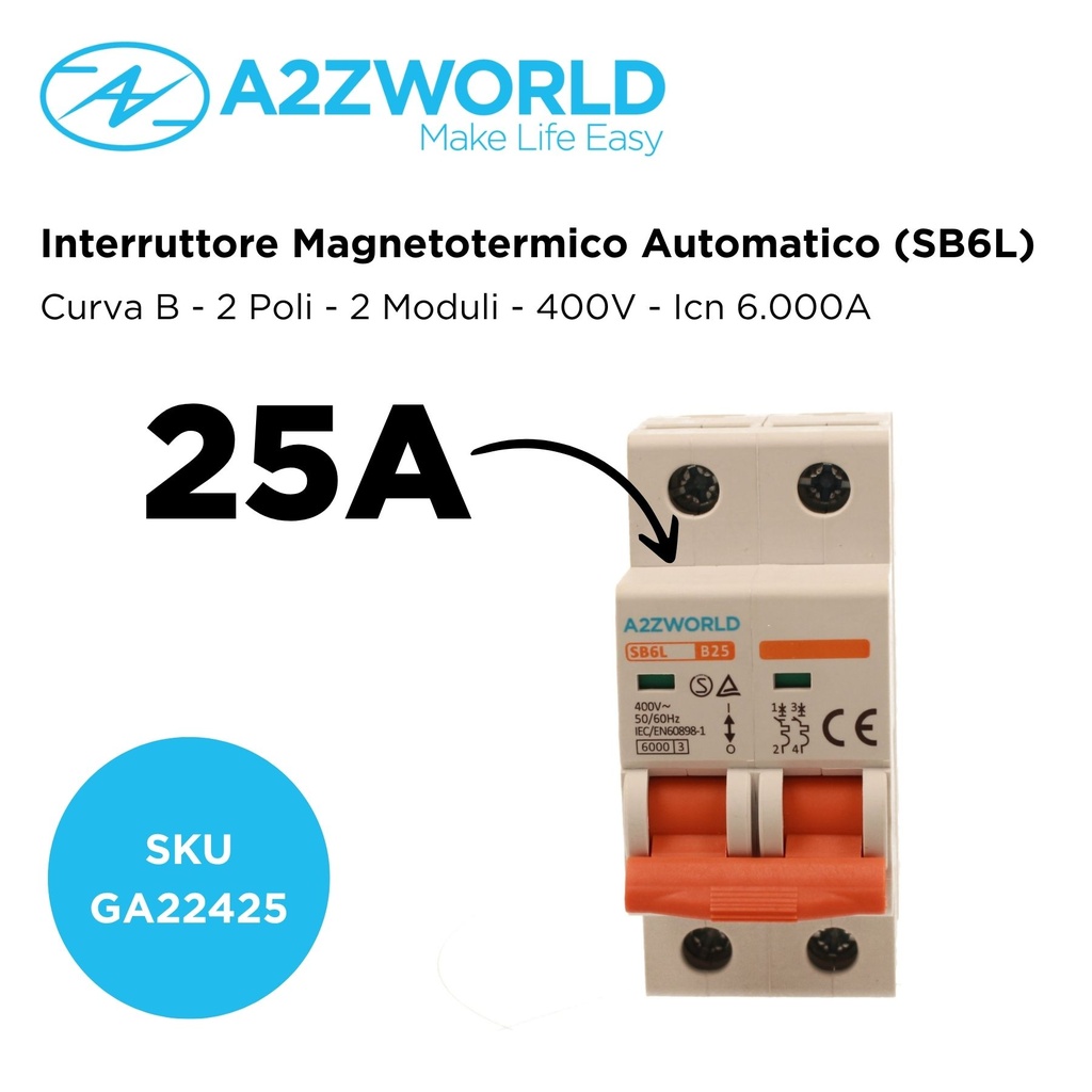 MCB Interruttore Magnetotermico Automatico Curva B 2P 2M 6000A B25A AC 400V IP20 IEC60898-1 SB6L